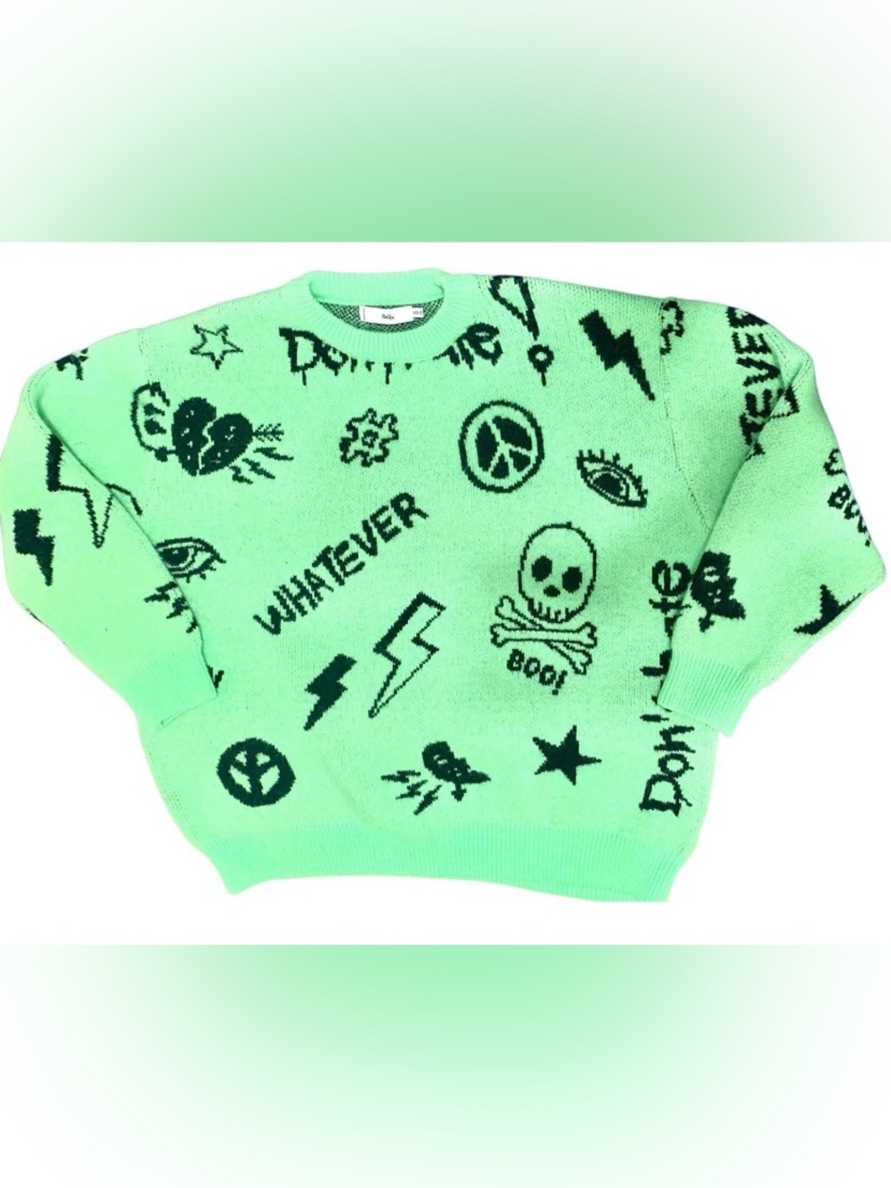 Adika Women’s Oversized Fuzzy Sweater Halloween Green Size XS/S Goth Skulls